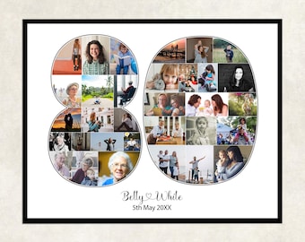 May include: A white photo collage in a black frame, featuring a photo montage of a family in the shape of the number 80. The collage is titled "Betty White 5th May 20XX".