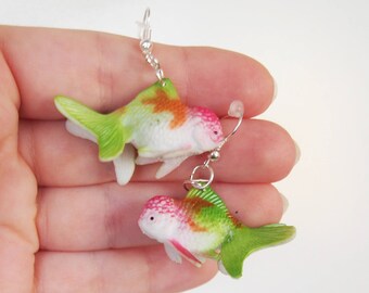 Green Pink White Goldfish - Animal Earrings