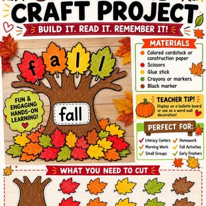 May include: A Sight Word Craft Project educational poster featuring a brown tree trunk with colorful paper leaves. The text reads Sight Word Craft Project, Build It. Read It. Remember It!, Materials, Teacher Tip, and What You Need To Cut.