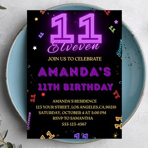 Neon Glow 11th Birthday Invitation: Editable Canva Template (Digital Download 5x7&quot; )