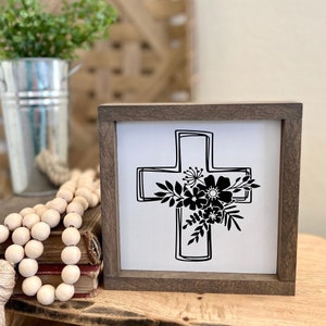 Religious Easter Tiered Tray Decor, Floral Wood Cross Sign for Communion, Baptism or Confirmation Gift for Girls
