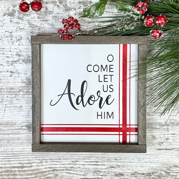 O Come Let Us Adore Him, Christmas Hymn Sign, Holiday Wood Sign, Christmas Tier Tray, Small Christmas Sign, Religious Holiday Decor