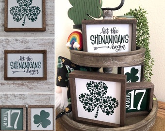 St Patrick's Day Sign Bundle, Shamrock Sign, March 17 Sign, Let the Shenanigans Begin, Tiered Tray Sign, St Patricks Decor, Coffee Bar Decor