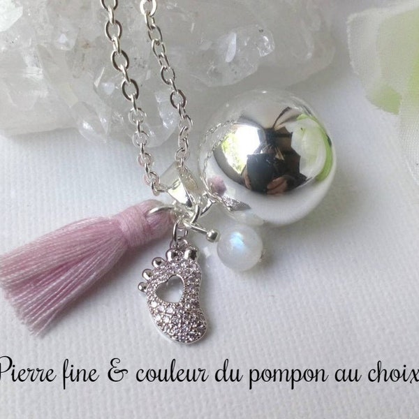 Bola de grossesse Pierre de lune, petit pied orné de zircons, Bille musicale plaquée argent et chaine acier inoxydable, pompon fait main