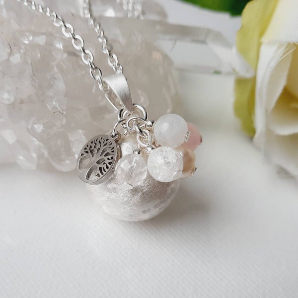 Bola de grossesse Perle d'eau douce, Quartz rose, Cristal de roche & Pierre de lune, arbre de vie et chaîne acier inoxydable