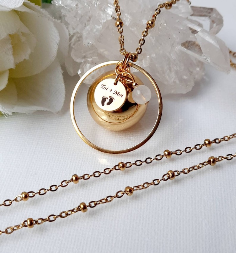 Circled pregnancy bola, gold-plated musical ball, Toi Moi medal, moonstone and gold/gold stainless steel chain image 2