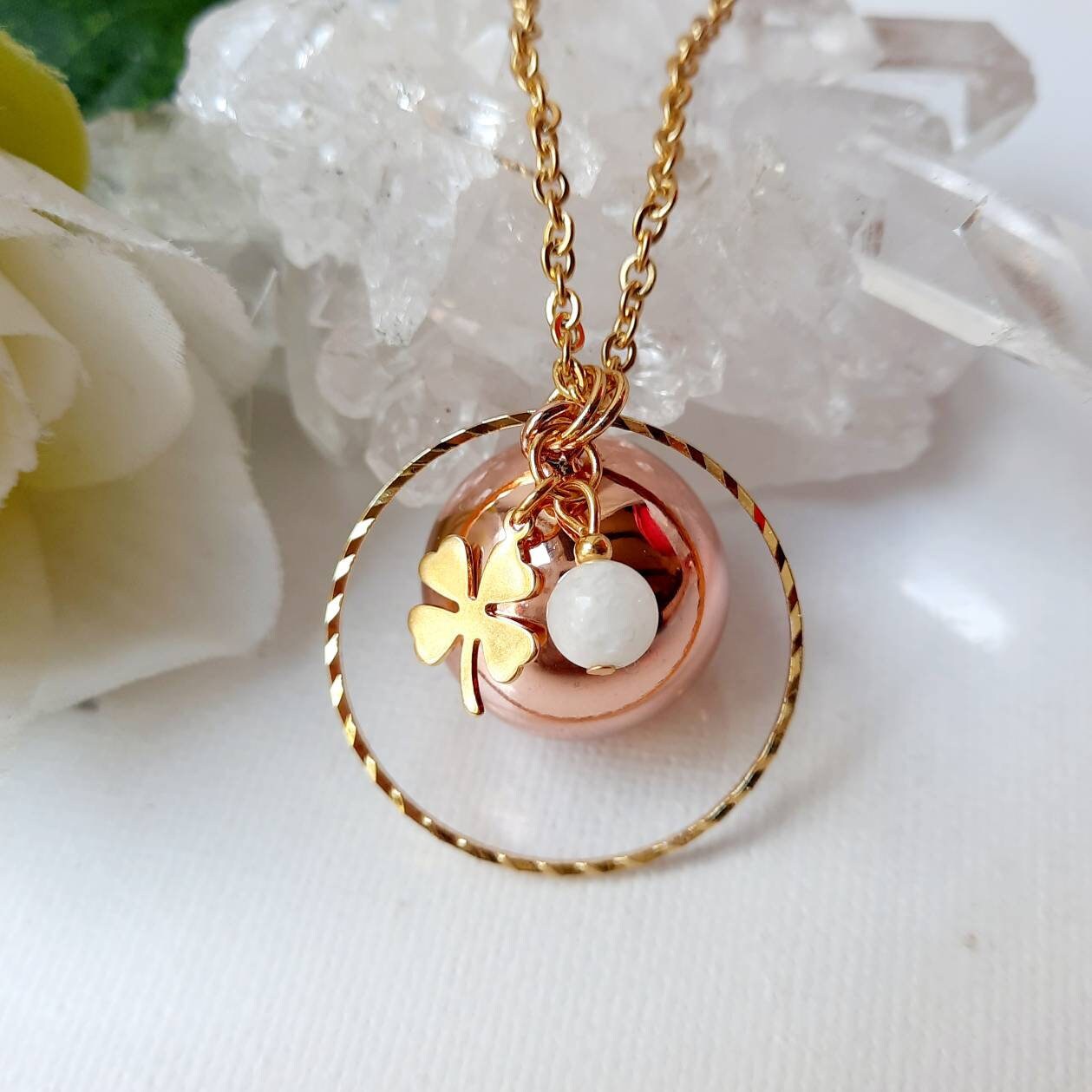 Pendentif Médaille Ancien En Or Rose 18K Avec Petit Trèfle - Bijou Vintage - Occasion Bon état