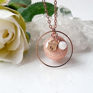 Pregnancy bola rimmed musical ball rose gold plated sandblasted Mini Nous moonstone medal and stainless steel chain