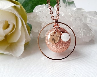 Pregnancy bola rimmed musical ball rose gold plated sandblasted "Mini Nous" moonstone medal and stainless steel chain