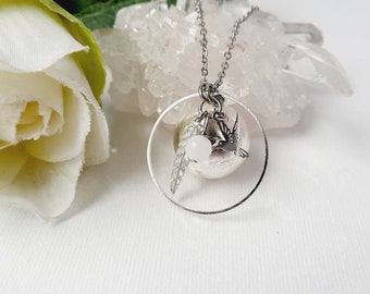 Circled pregnancy bola, feather, hummingbird, moonstone, brushed silver plated musical ball and stainless steel chain