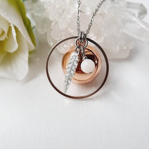 Pregnancy bola circled Moonstone, musical ball plated rose gold, feather and stainless steel chain