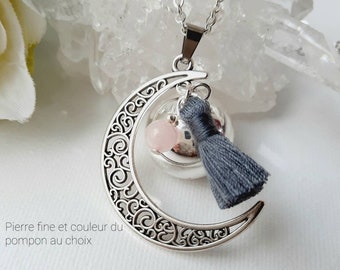 Bola de grossesse personnalisable, lune, Quartz rose, Bille musicale plaquée argent et chaine acier inoxydable, pompon fait main