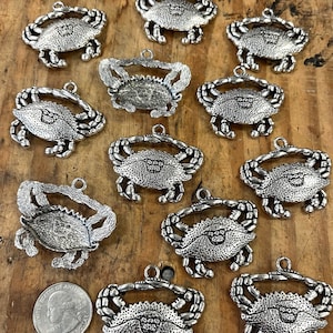 May include: A collection of 12 silver-toned crab charms, each with a detailed design. The charms are perfect for jewelry making, scrapbooking, or other craft projects.