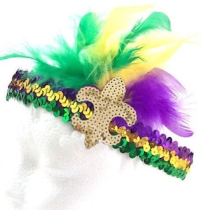 Mardi Gras Sequin Feather Headband, GOLD Sequin Fleur 'de Lis, Purple, Green, Gold Sequins, Stretch headband and feathers, New Orleans NOLA image 1