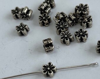 25PCS 6mm x 4mm Silver Plate Petaled Daisey Bead, Silveer Antiqued side-to-side drilled, designing earrings, necklaces, bracelets!