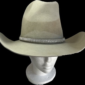 May include: A light beige cowboy hat with a wide brim and a silver rhinestone band.