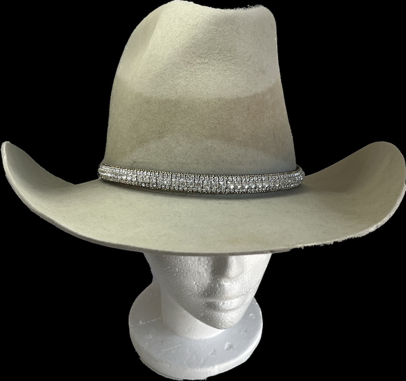 Smaller Clear Crystal Hat Band Plain across front of hat with stretch cording in back. For Male/Female size, Rodeos, Parades, Barrel Racing. image 1