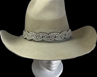 LARGE Wavey Crystal Hat Band, Wavy Pattern across front of Hat Band, Wavy Pattern of clear Crystals, Stretch Cord in back, Bling it Out!