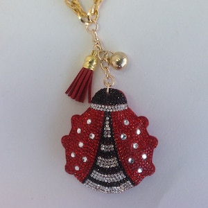 Könnte beinhalten: Ein roter und schwarzer Marienkäfer-Anhänger mit Strasssteinen, befestigt an einer goldenen Kette mit einem roten Quasten und einer goldenen Glocke.