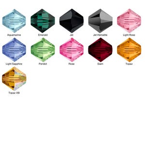 May include: A selection of faceted gemstone beads in colours such as aquamarine, emerald, jet, jet hematite, light rose, light sapphire, peridot, rose, siam, topaz, and topaz AB. Each bead is labelled with its name.