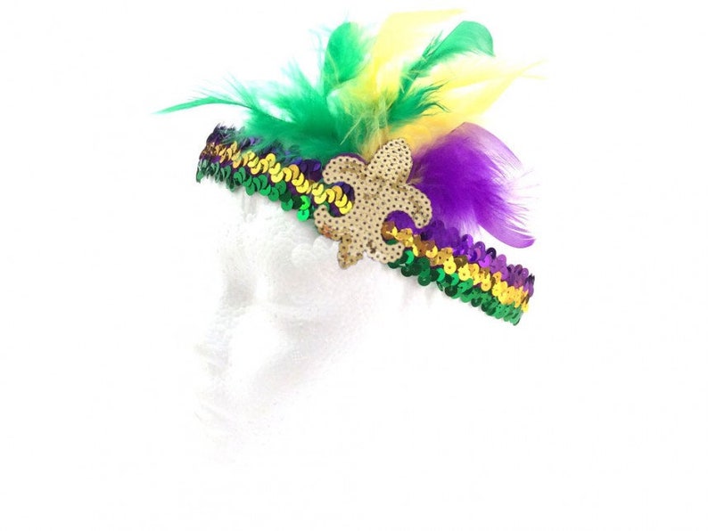 Mardi Gras Sequin Feather Headband, GOLD Sequin Fleur 'de Lis, Purple, Green, Gold Sequins, Stretch headband and feathers, New Orleans NOLA image 2