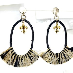 Black and Gold Tassel Hoop Post Earrings, Light Weight!!! Game Day, Saints Colors,  Back to School, New Orleans, NOLA!