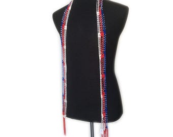 USA American FLAG, Patriot's Macrome hand crochet, beads scattered around scarf, hand made scarf, red, white, blue, Old Glory, 4th of July