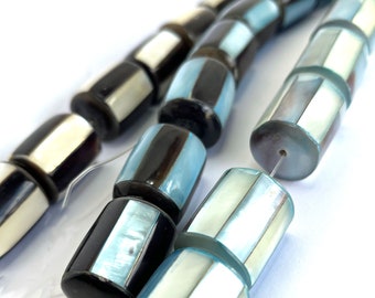 4-delige set vintage zwarte pennenschaal (pinniadeschelp) loopkralen met parelmoerstroken aan de zijkanten, 18 mm rond x 22 mm lang DIY. 3 kleuren
