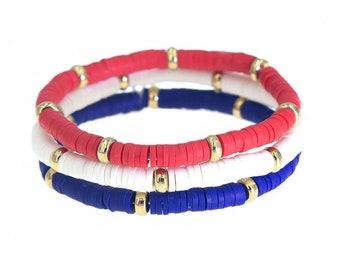 3-delige dunne siliconen Heshie-armbanden met gouden afstandhouders in rood, wit en blauw in de kleuren van de VS! Geweldig voor 4 juli, stemmen of zelf.