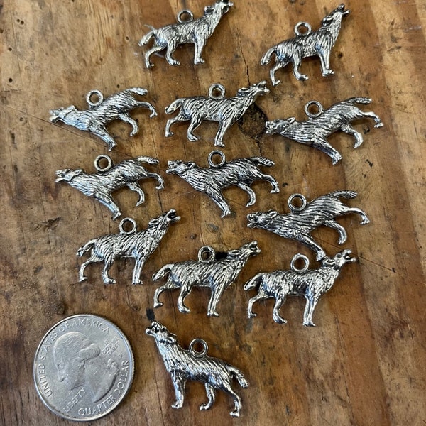 12Pcs 1/2" Howling Wolf Charm, Silver Plate Double-sided Charm, Cast Charm. Good for Earrings, pendants, necklaces, cafting