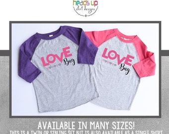 Twin Girl Shirts Love Bug Twin Girl Valentine's Day Shirts Raglan Toddler Girl Valentine's Day Trendy Twin Baby Bodysuits Matching Sisters