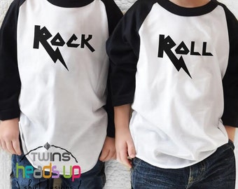 Rock and Roll Twin Boy/Girl Raglan Shirts - Twin Boy/Girl Rock and Roll Tees - Trendy Twin Baby tshirts Funny - Hipster - Trendy Toddler -