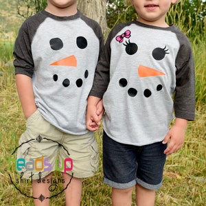 Twin Snowman Shirts Boy Raglan Girl Toddler Christmas PJ tshirts Boy Girl Twins Matching Siblings Christmas Snowmen Bodysuits  Snowman Tee