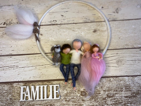 Family in the Ring, Mobile Made of Felt, Needle Felted, Waldorf, Coping  With Grief, Star Child, Pet, Dog, Cat, Magnolia 