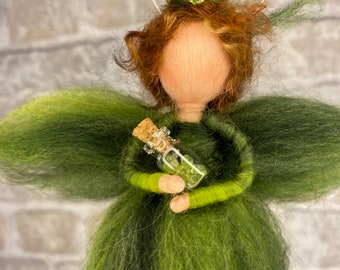 The Guardian of Peridot, gemstone, protection, trauma, healing, fairy, elf, felt, Waldorf, gift, comfort, birth, angel, new age
