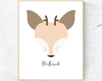 Be Kind Deer Wall Art, Nursery Wall Art, Child's Room Wall Art, Nursery Animal quote - Instant Download