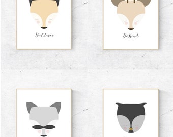 Nursery Animal Wall Art Set, Be Clever Fox, Be Kind Deer, Be Curious Raccoon, Be Wise Owl - Instant Download