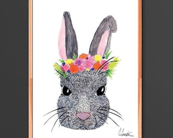 Floral Bunny Nursery Art Print, Rabbit Wall Decor (Digital Download)