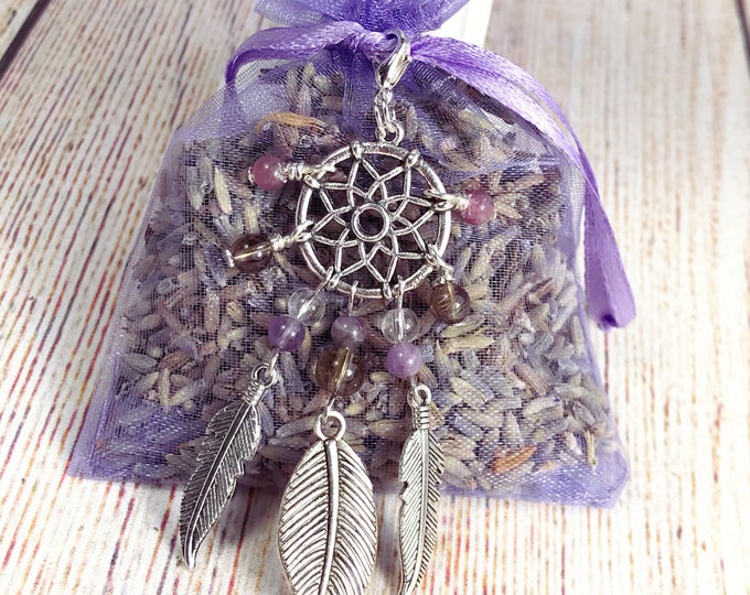 Mini Crystal Dream Catcher and Organic Lavender Filled Pouch. Travel Gift. Sleep Aid, Insomnia & Restlessness. Positivity.