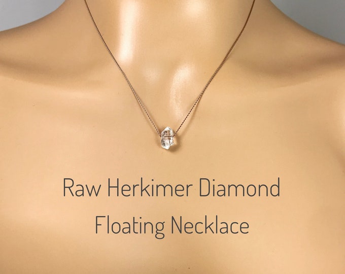 Raw Herkimer Diamond Necklace. Floating Necklace. Lightweight Silk Necklace.  Birthstone Gifts. Incl Gift Box, Info Card & Ribbon Wrapping
