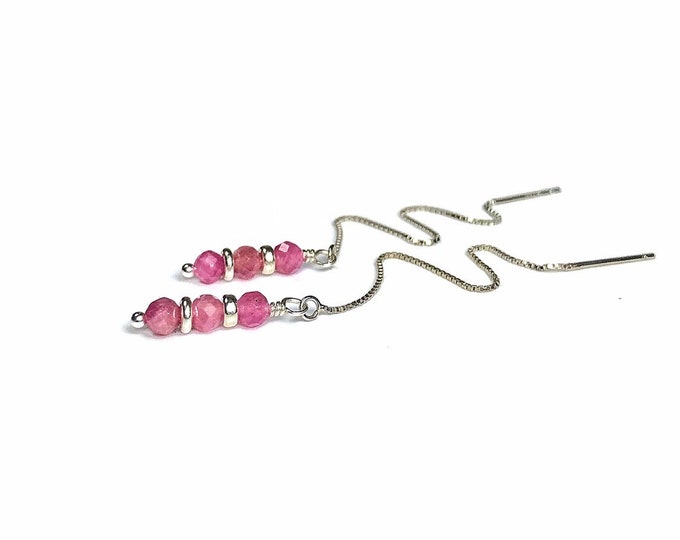 Pink Tourmaline Threader Earrings: Sterling Silver October Birthstone
