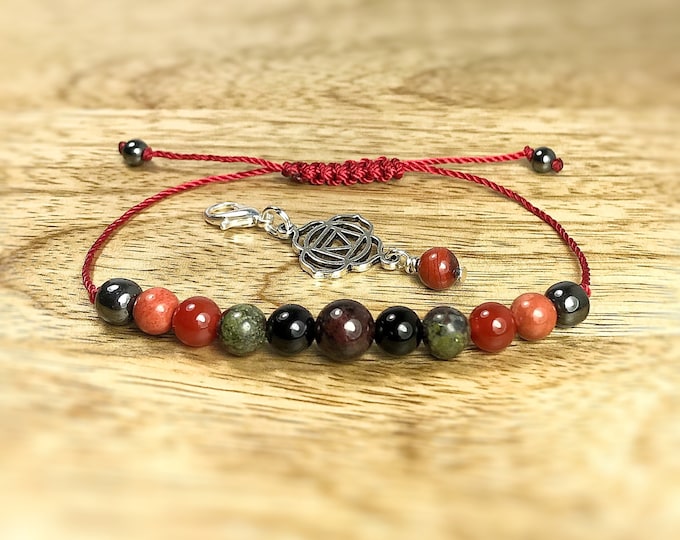 Root Chakra Bracelet. Base Chakra. Grounding. Protection. Stability. Garnet. Bloodstone. Black Tourmaline. Red Jasper. Red Onyx.