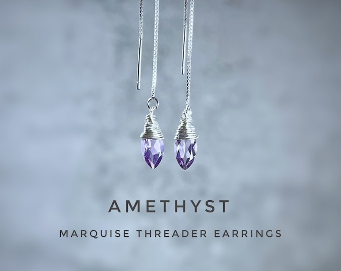Marquise Amethyst Threader Earrings: Sterling Silver February Birthstone
