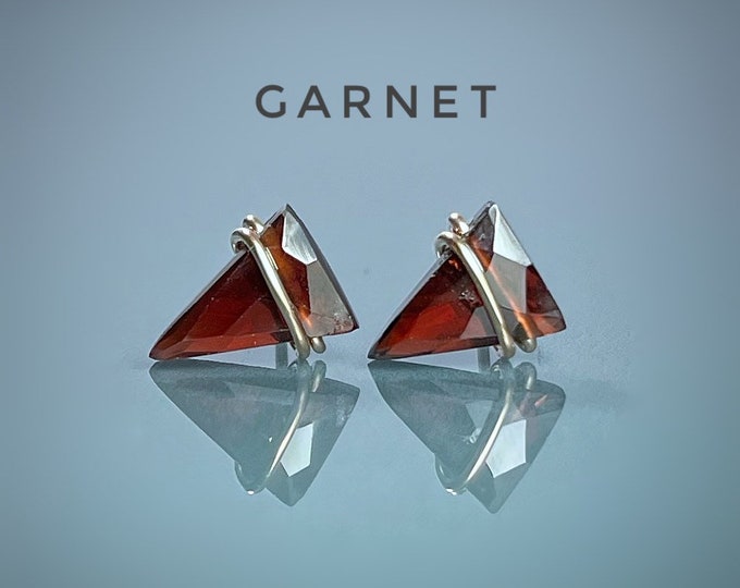 Garnet Stud Earrings. Geometric Triangle Shape. Garnet Jewelry. Incl a Gift Box & Crystal Card. January Birthstone. Birthday Gifts.