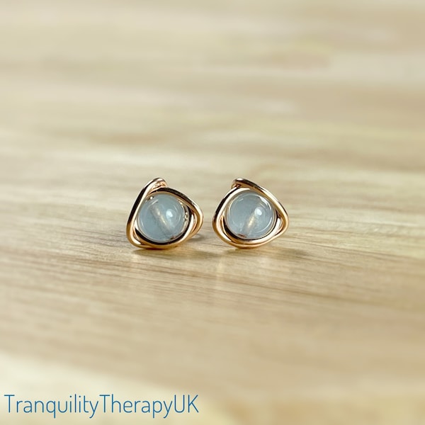 Genuine AAA Grade Aquamarine Stud Earrings Eternity Knot Roses Sterling Silver. Gold/Rose Gold Filled. March Birthstone Incl Gift Box & Card