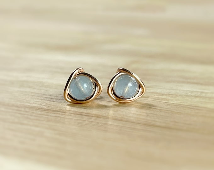 Aquamarine Stud Earrings: Sterling Silver Eternity Knot, March Birthstone