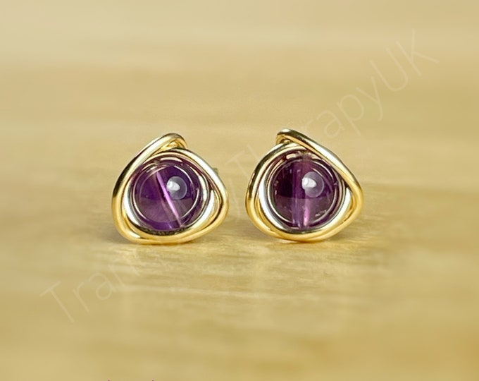 Amethyst Stud Earrings. Eternity Roses. Knot February Birthstone. Sterling Silver. 14K Rose Gold Filled. Incl Gift Box & Info Gift Card.