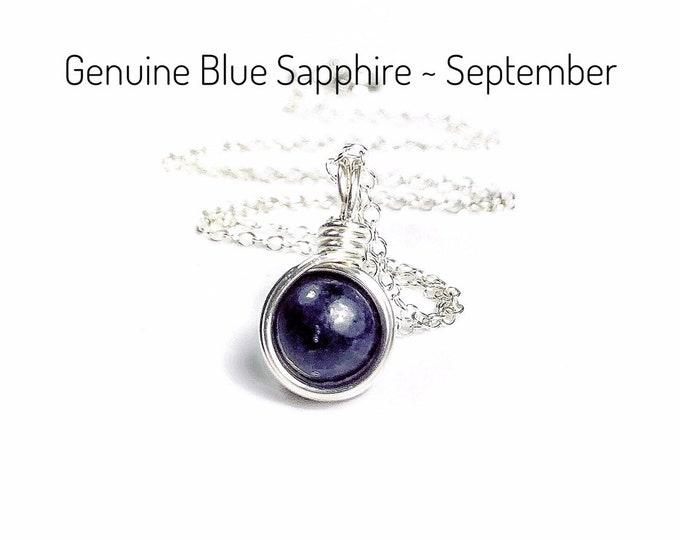 Genuine Blue Sapphire Necklace & Earrings Set. September Birthstone. Incl Gift Box and Info Card. Sterling Silver, Gols, Rose Gold.