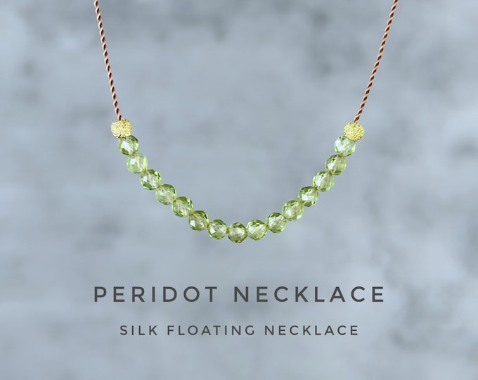 Peridot Necklace. Floating Necklace. Lightweight Natural Silk Necklace. August Birthstone Gifts. Includes Gift Box, Info Card & Ribbon Wrap