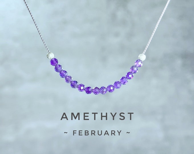 Amethyst Necklace. Am Floating Necklace. Lightweight Natural Silk. February Birthstone Gifts. Incl a Gift Box & Crystal Info Gift Card.